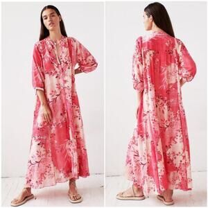 CHUFY $1120 Gia Floral Pink Chiffon Shirt Midi Maxi Dress | XS